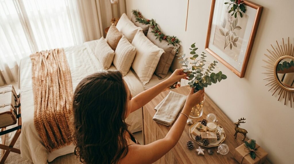 mystorageplusguestroomideasholidaypreparation My Storage Plus Homeowner decorating a cozy guest room with holiday accents and welcoming décor for overnight visitors