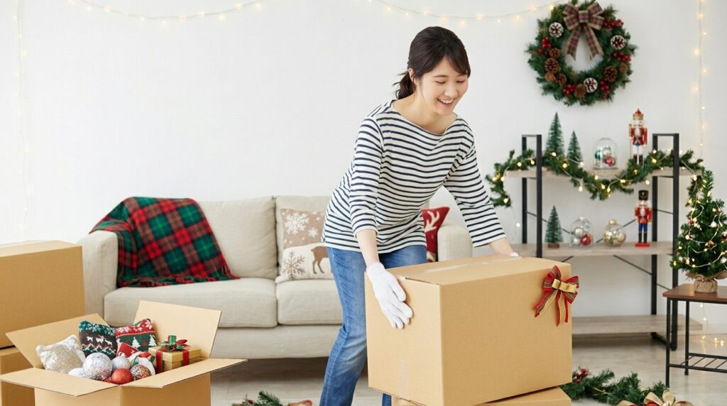 mystorageplusselfstorageforholidayshomedecluttering My Storage Plus Woman organizing holiday decorations and storage boxes while using self storage for holidays to create more space at home