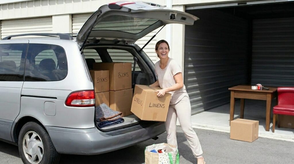 mystorageplusselfstoragemoveinloadingboxes My Storage Plus Customer unloading labeled boxes from a vehicle during a self storage move in at a storage facility
