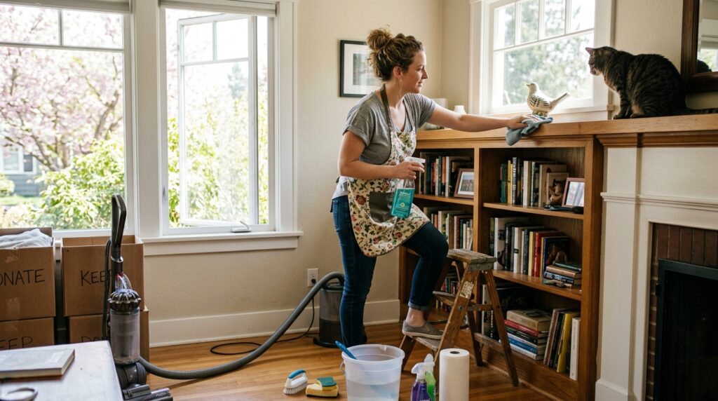 mystorageplusspringdeclutteringselfstoragehomeorganization My Storage Plus Homeowner decluttering and cleaning during spring home organization while preparing items for self storage