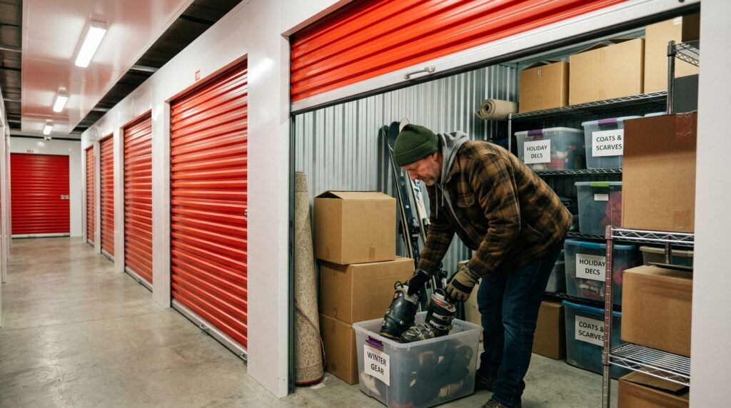 mystoragepluswintersportsgearstorageselfstorageunit My Storage Plus Person organizing winter sports gear in a self storage unit for offseason storage