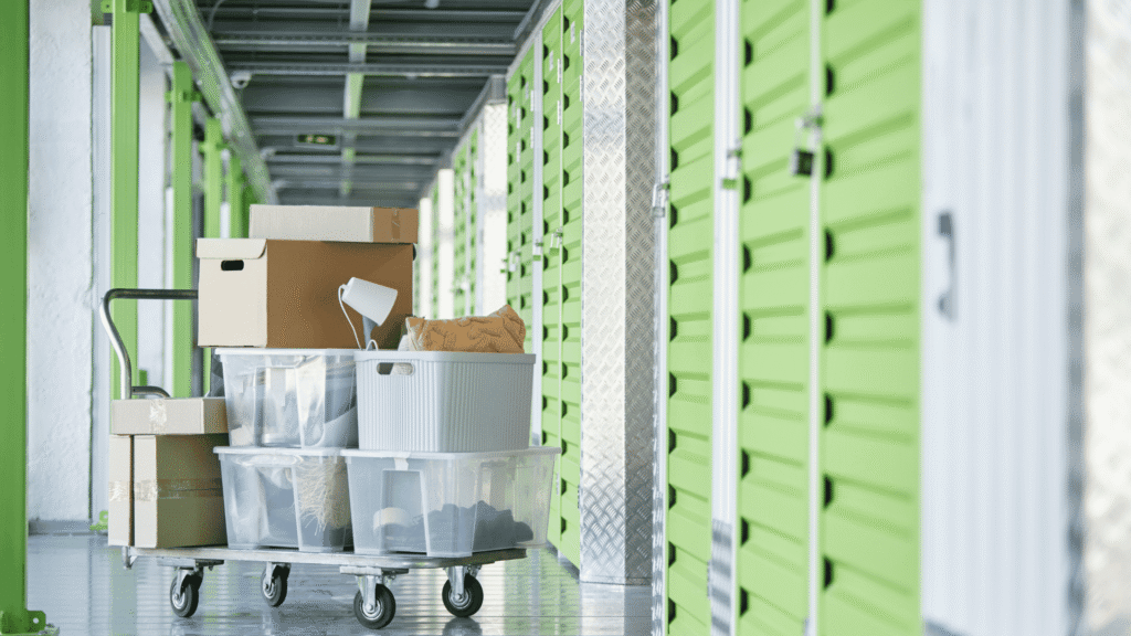 mystorageplusstorageunitsizeguideselfstorageboxes My Storage Plus Storage unit size guide showing boxes and household items being moved into a self storage facility