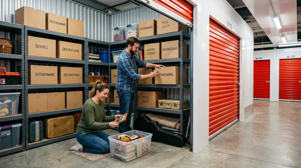 mystoragepluscoupleorganizingselfstorageunitlabeledboxes My Storage Plus Couple organizing labeled boxes on shelves inside a clean self storage unit