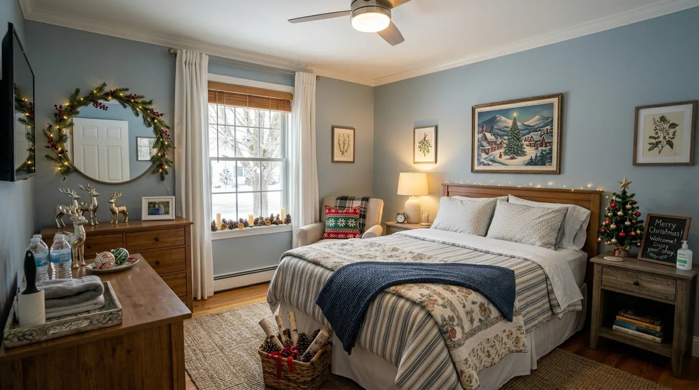 Cozy guest room decorated for holiday visitors with comfortable bedding festive accents and welcoming touches