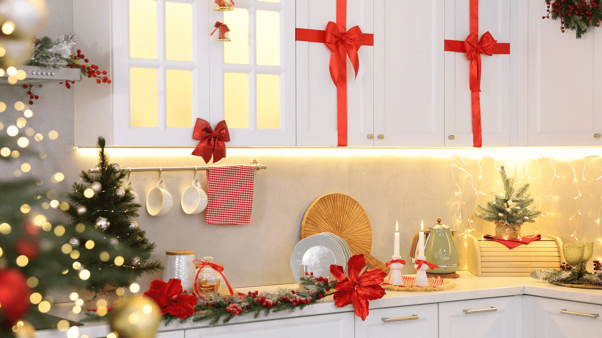 Festively decorated kitchen with organized countertops for holiday cooking