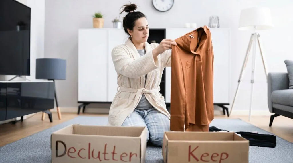 mystoragepluslazymovingtipsdeclutteringbeforemove My Storage Plus Woman decluttering clothes before a move using lazy moving tips to simplify packing