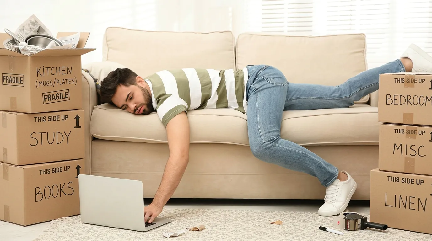 Person taking a break while packing boxes using lazy moving tips to reduce moving day stress