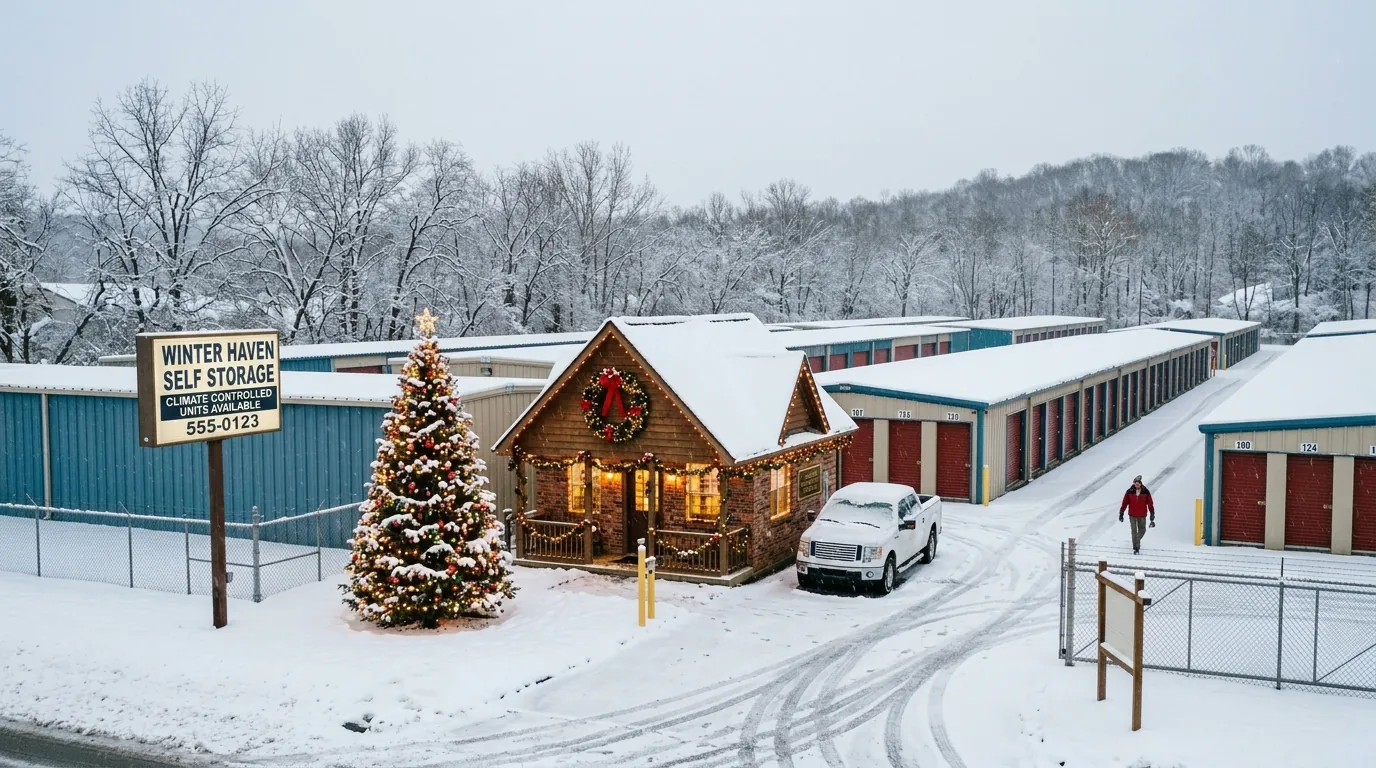 Self storage facility decorated for the holidays with climate-controlled units and seasonal decorations.
