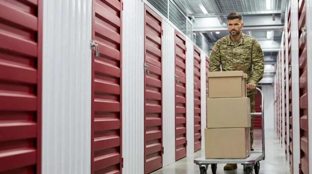 Military service member moving boxes into a self storage unit as part of military storage solutions